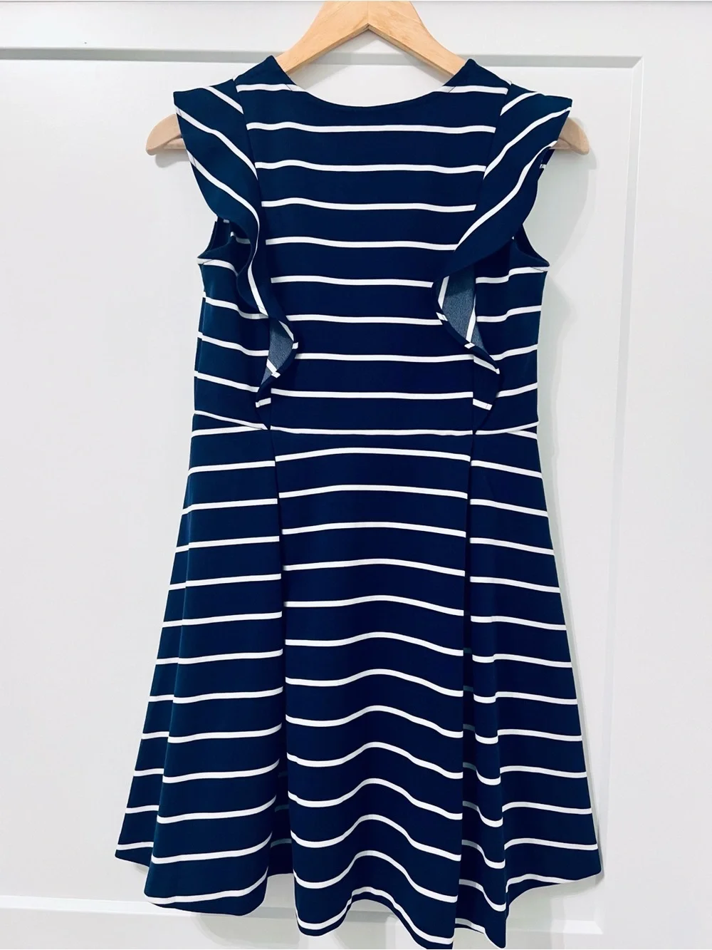 Polo Ralph Lauren Girls XL 16 Navy and white Stripe Ruffle Fit Flare Dress
